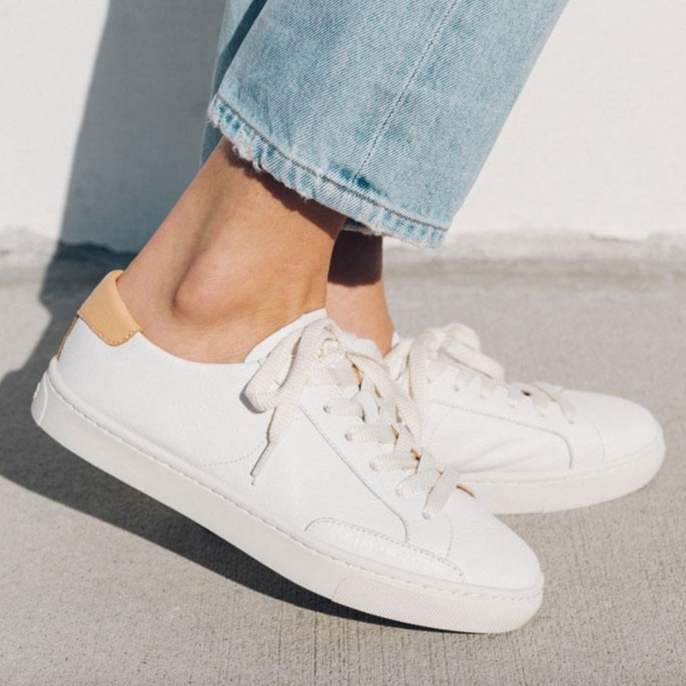 Soludos White Leather Sneakers with Tan Heel Accent - Picture 3 of 14